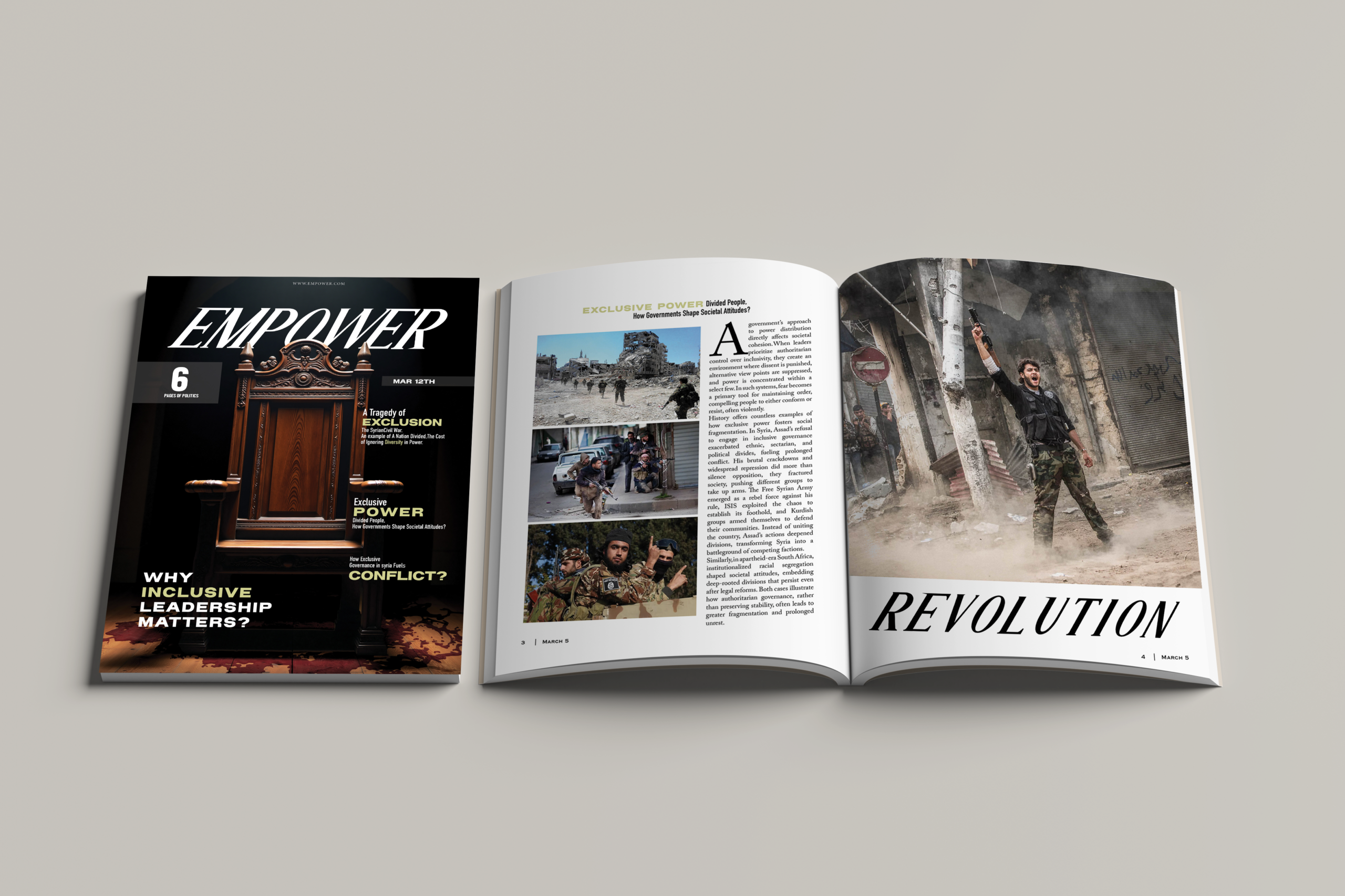 Empower magazine mockup with cover and Revolution spread