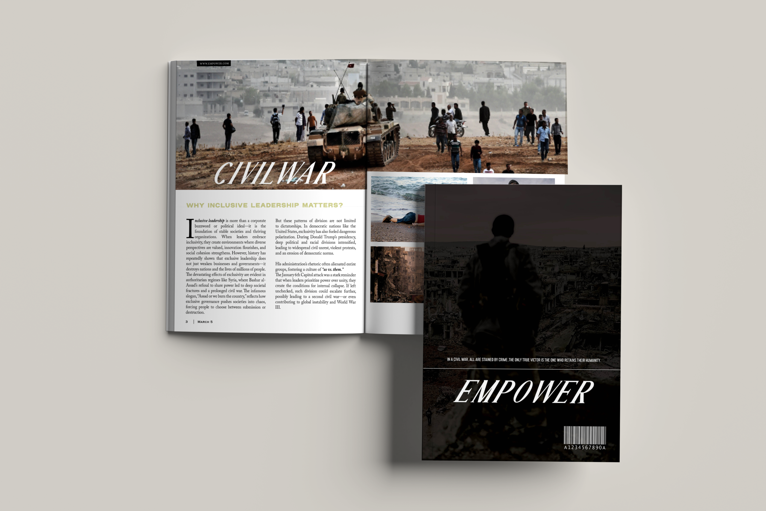 Empower magazine mockup with Civil War spread and back cover