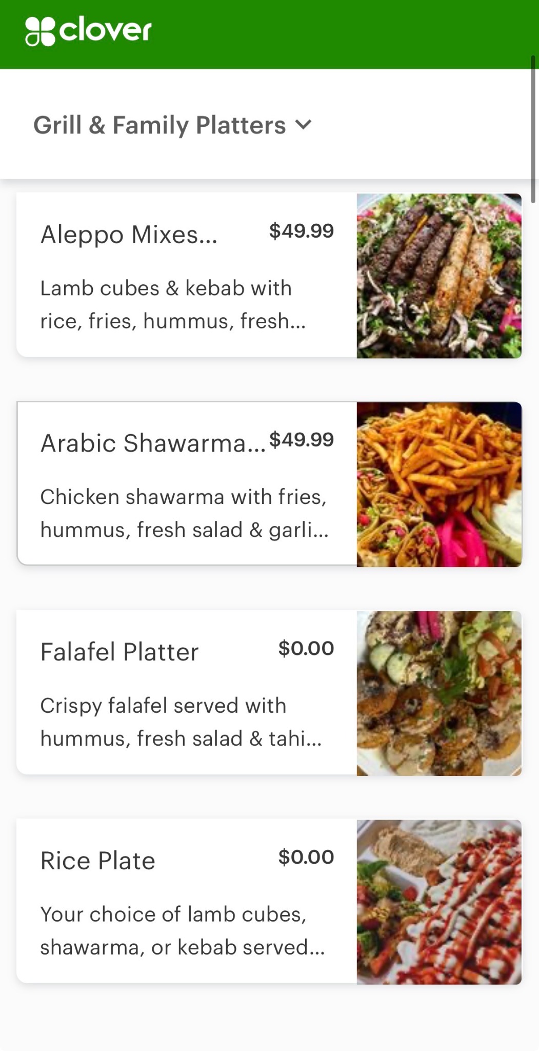 Aleppo Castle menu displayed in Clover ordering