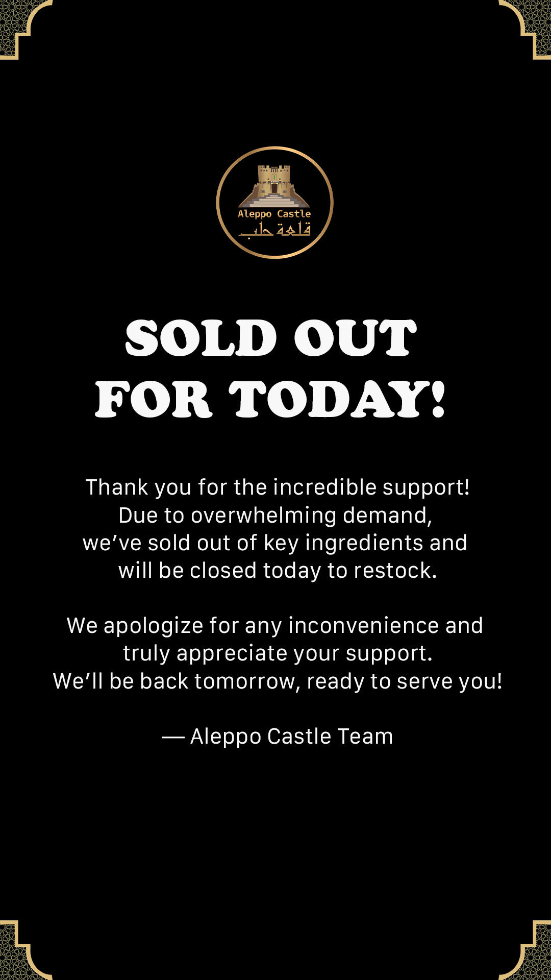 Aleppo Castle sold out Instagram Story announcement