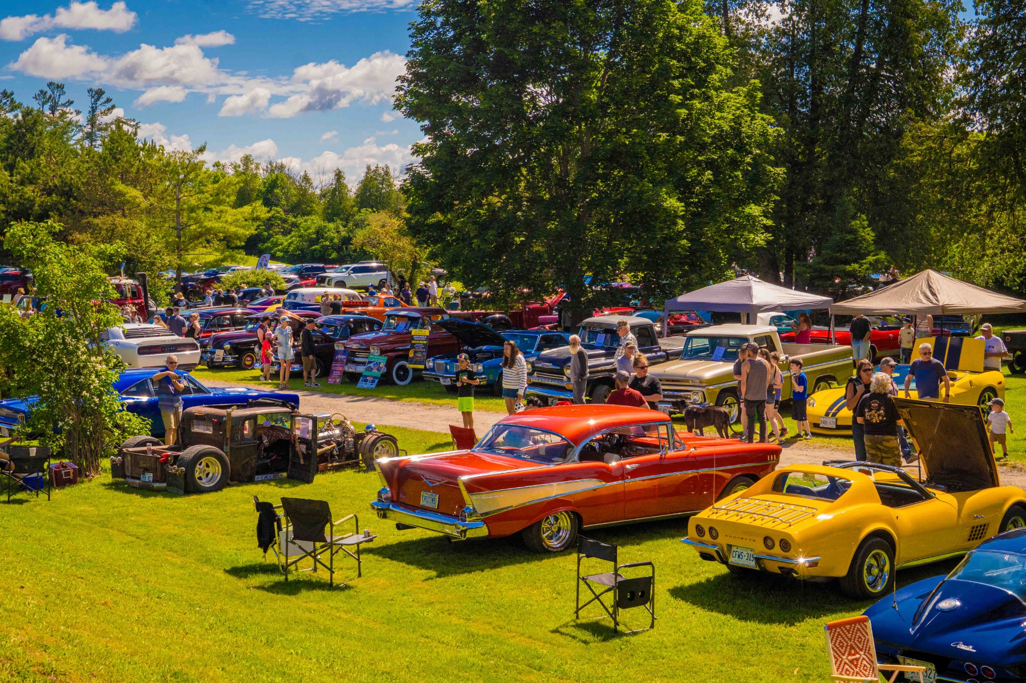 Wide elevated view of the Father’s Day Car Show and classic vehicles
