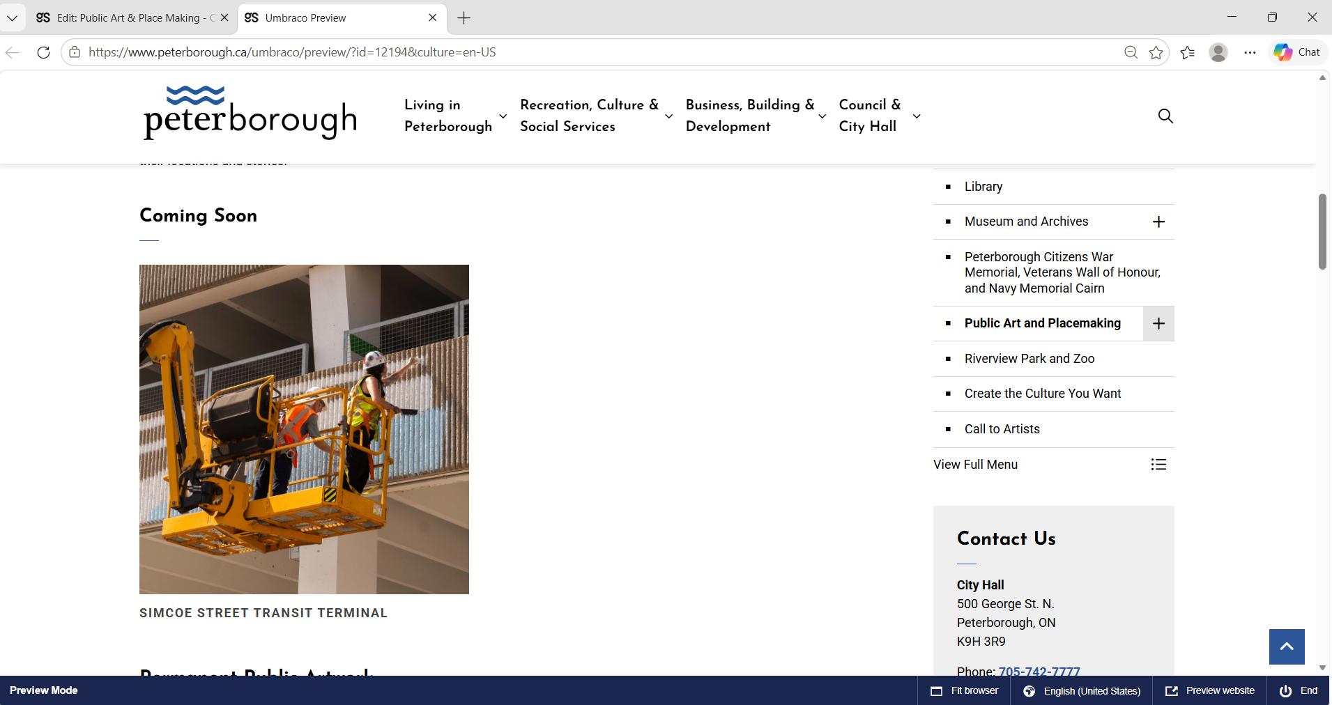 Coming Soon section for upcoming City of Peterborough public art projects