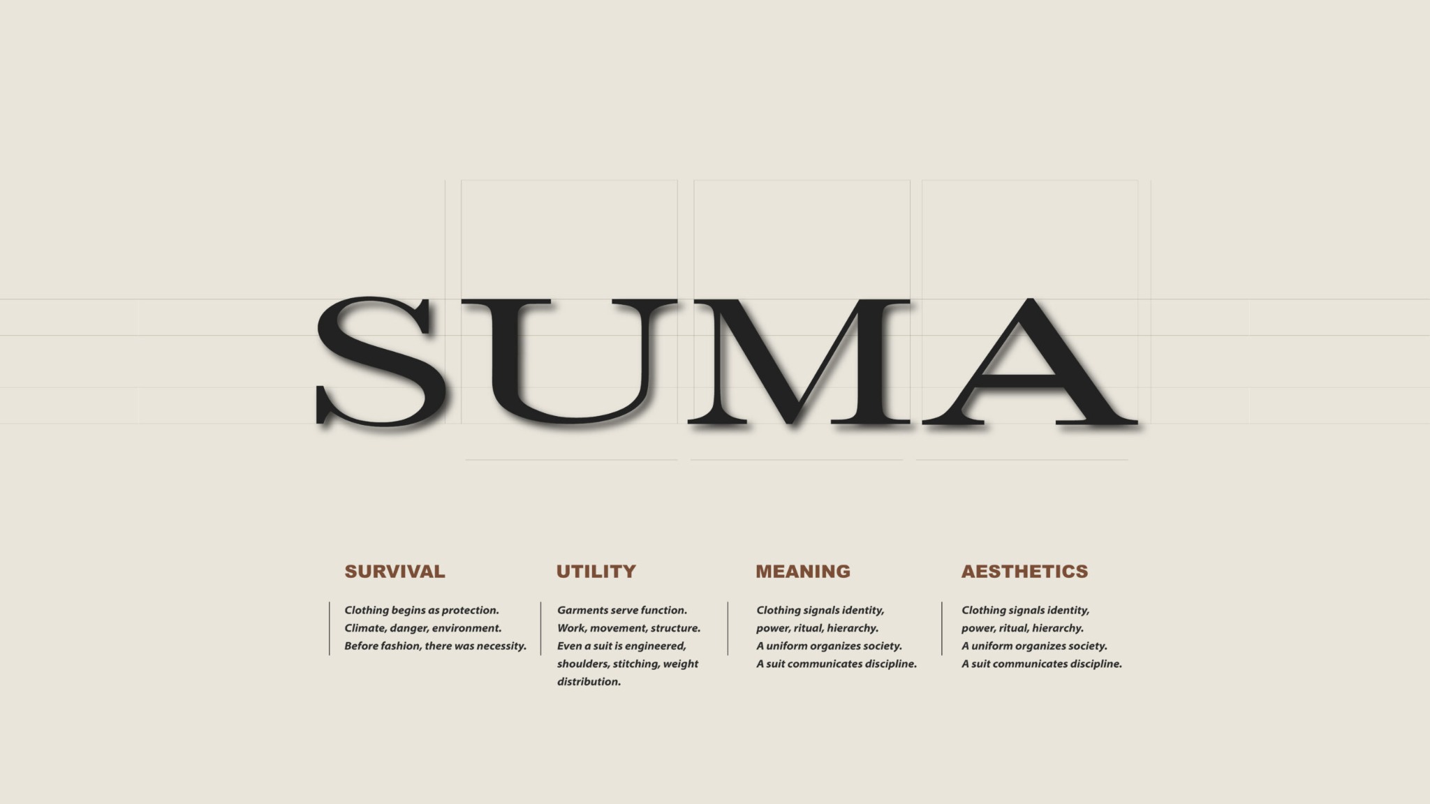 SUMA brand naming concept showing the SUMA wordmark with Survival, Utility, Meaning, and Aesthetics pillars
