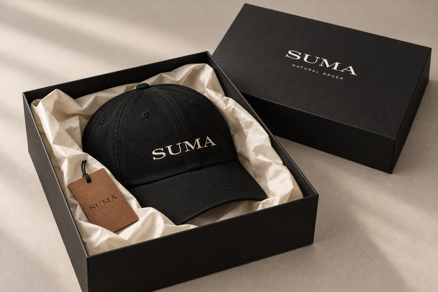SUMA headwear — unboxing concept mockup