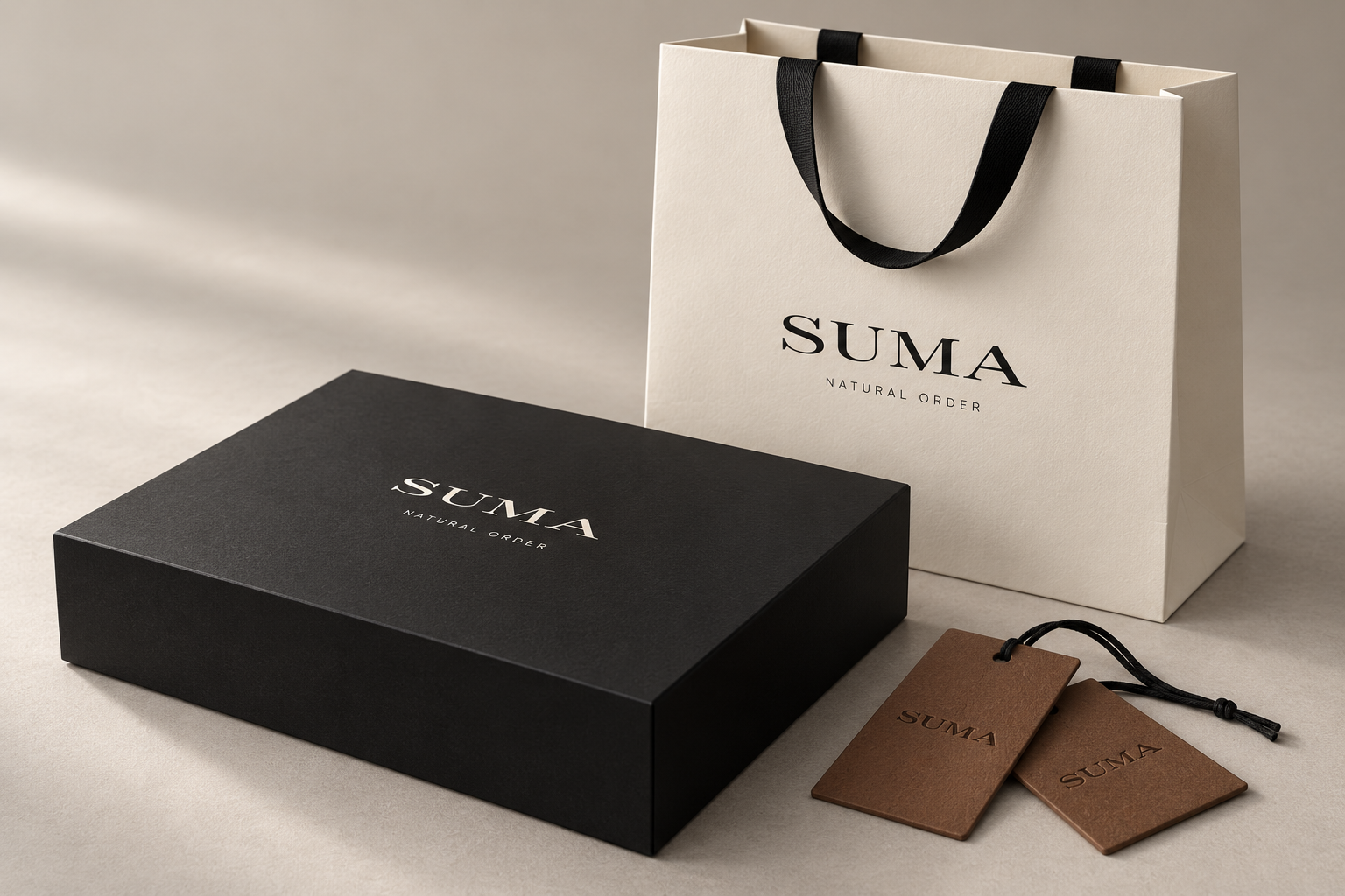 SUMA packaging — box, bag & tags concept mockup