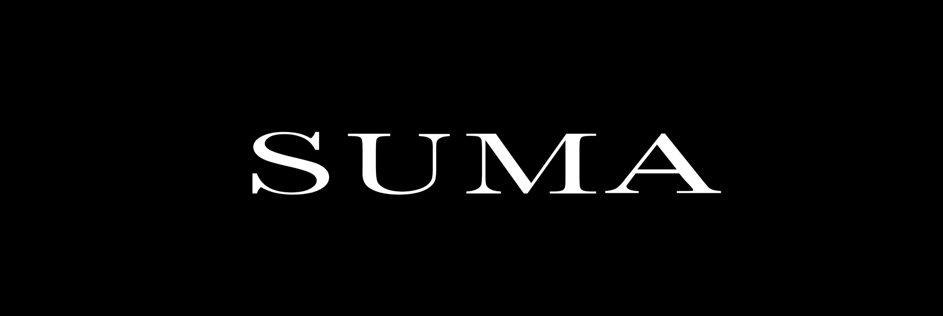 SUMA fashion brand wordmark in white on a black background