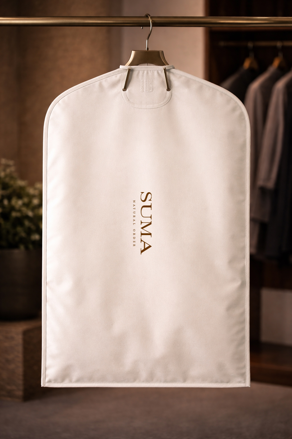 SUMA branded garment bag in a tailoring environment